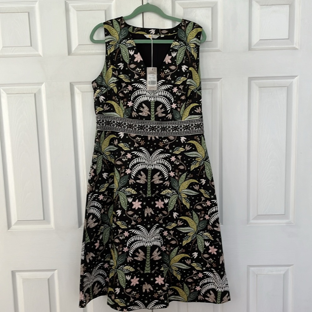 NWOT Boden Embroidered Waist Midi Dress Black - Oriental Palm - U.S. 12